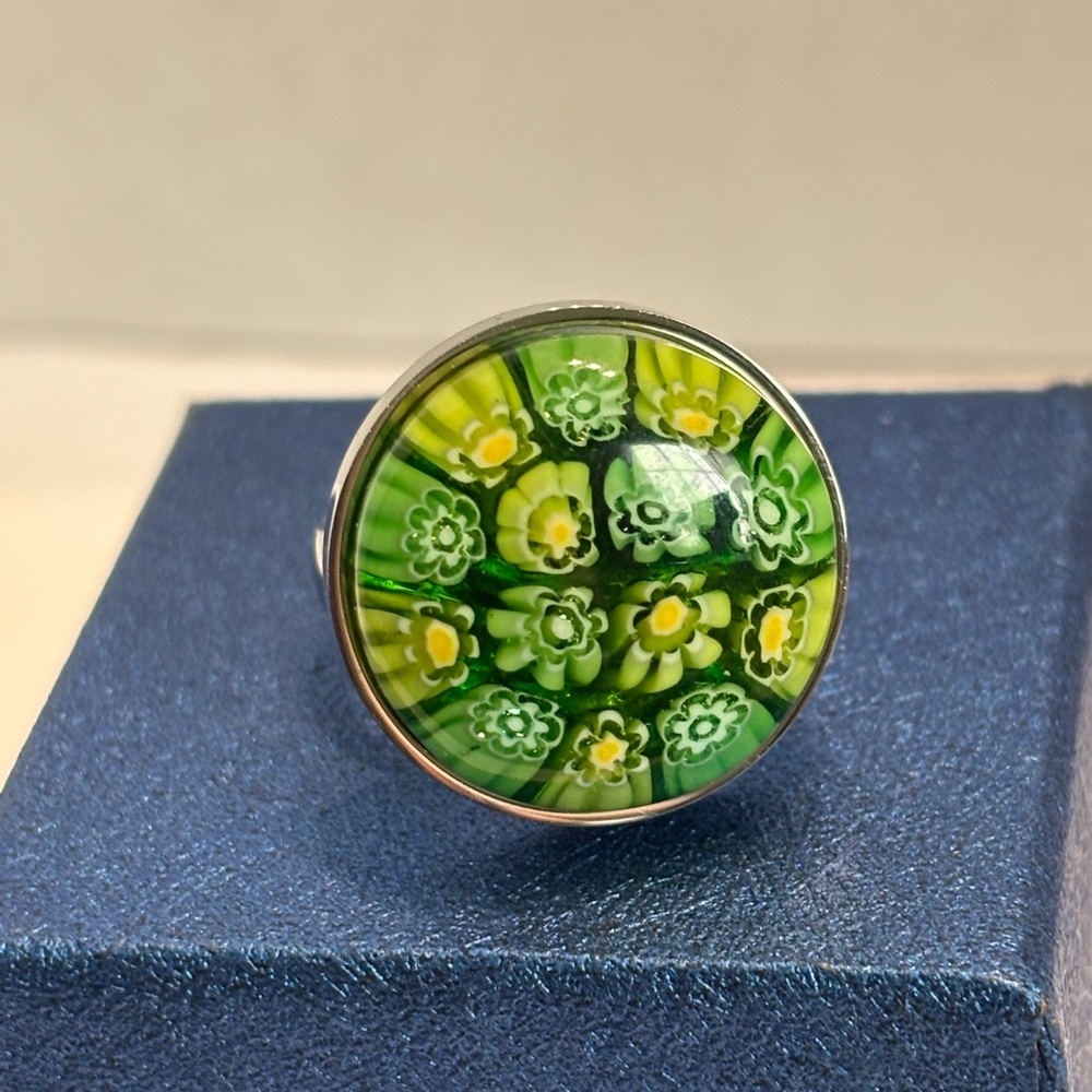 Green Murano Floral Ring Stainless Size 7